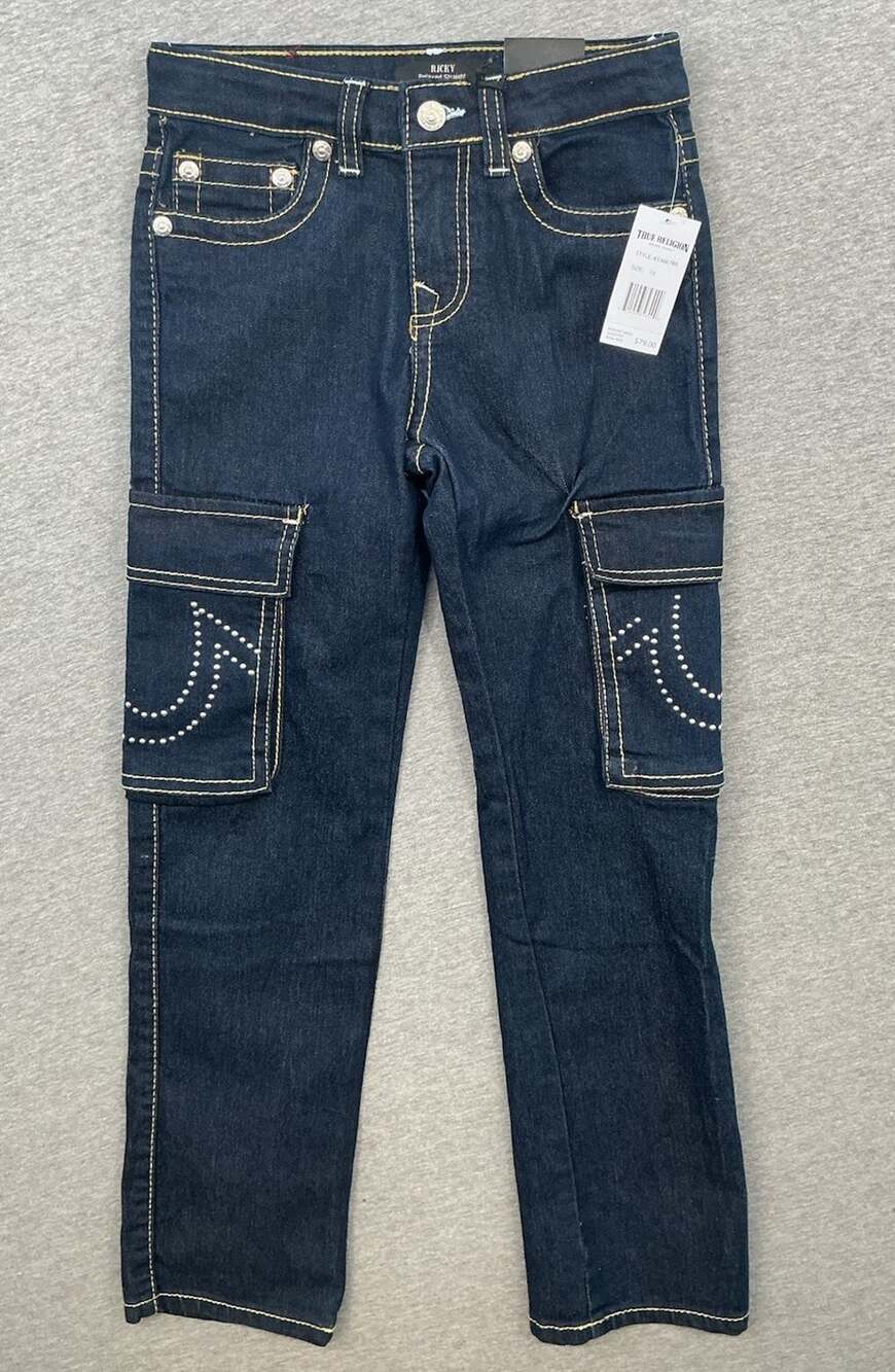 True Religion Boys Size 10 Cargo Jeans Dark Wash Horseshoe Flap Pockets NWT